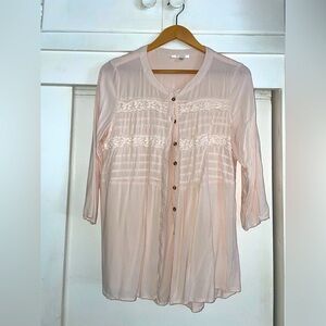 Spense Women's Blouse Button Front Size L Boho Pink Crochet Long Sleeve